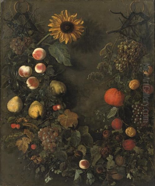 A Fruit Garland With Grapes, Peaches, Mandarins, Cherries, Pears And Other Fruit, With Butterflies And A Sunflower Oil Painting by Cornelis Kick