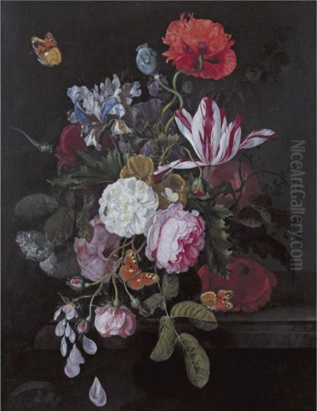 Still Life With Peonies, Roses, Irises, Poppies And A Tulip With Butterflies, A Dragonfly And Other Insects On A Ledge Oil Painting by Cornelis Kick