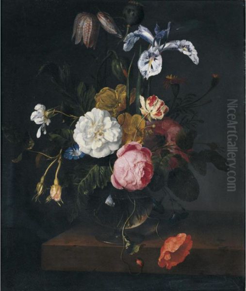 A Still Life Of Roses, Poppies, Ranunculus, Fritillaria, Geranium, Iris And Other Flowers In A Glass Vase On A Ledge Oil Painting by Cornelis Kick