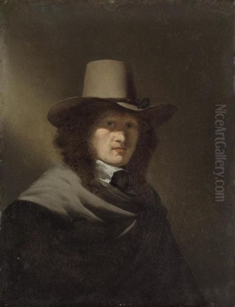 Portrait Of A Man, Half-length, In A Brown Coat And Hat Oil Painting by Simon Kick