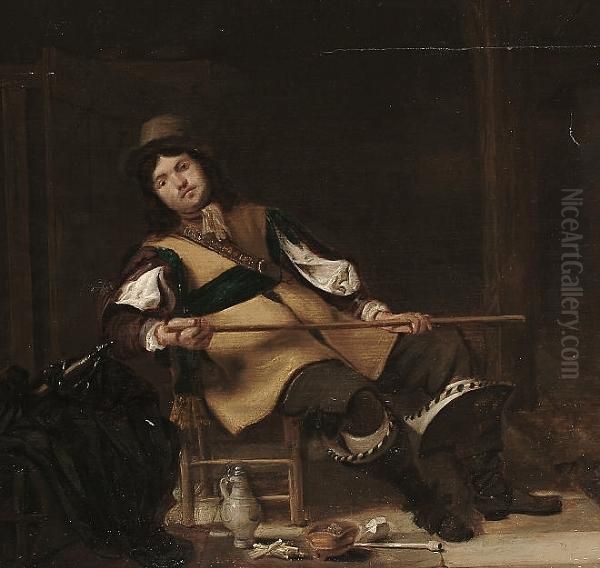 A Cavalier Seated, Holding A Cane, In A Guardroom, With A Flagon And Smoking Implements At His Feet Oil Painting by Simon Kick