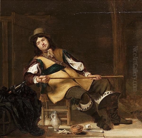 A Cavalier Seated, Holding A Cane, In A Guardroom, With A Flaggon And Smoking Implements At His Feet Oil Painting by Simon Kick