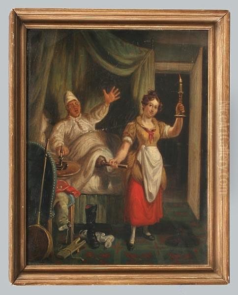 A Gentleman In Night Attire Being Pulled From His Bed By The End Of His Wooden Leg By A Woman Holding A Candlestick Oil Painting by William Kidd