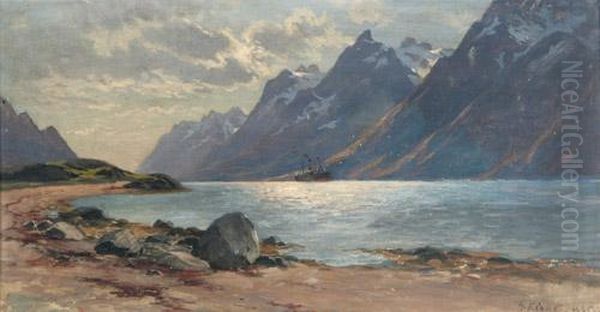 Blick Auf Einen Bergsee (konigssee) Mit Dampfschiff Oil Painting by Herman Kiekebusch