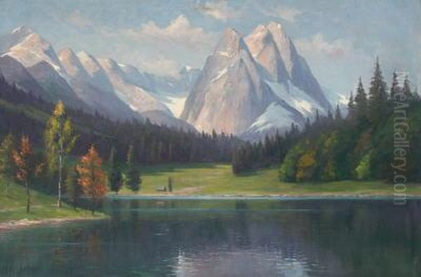 Spatsommer Am Riessersee Mit Blick Zum Wettersteinmassiv Oil Painting by Herman Kiekebusch