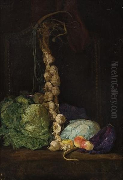 Still Life With Cabbage, Garlic And Apples Oil Painting by Kitty Christine Kielland