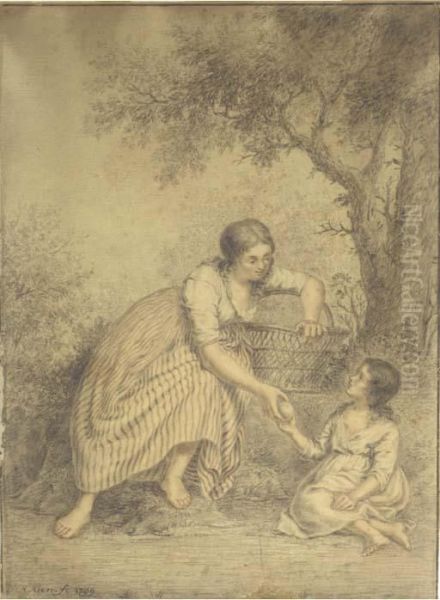 A Young Lady Offering An Apple To A Girl In A Forest Oil Painting by J.H. Kien