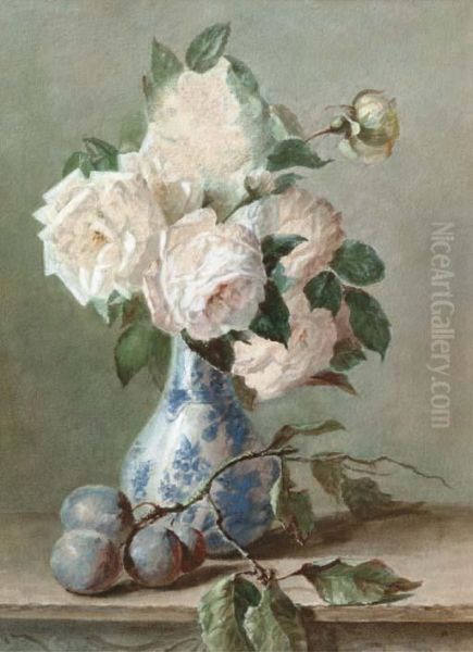 White Roses In A Blue And White Vase Oil Painting by Catharina Kiers