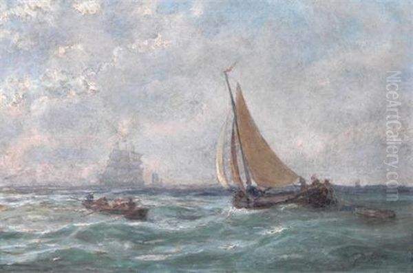 Fishing And Other Boats Off The Coast Oil Painting by George Laurens Kiers