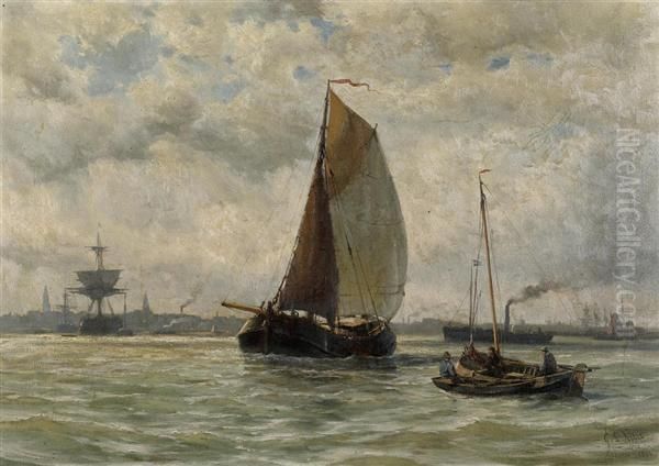 Segelschiff Vor Hafen. 1881. Oil Painting by George Laurens Kiers