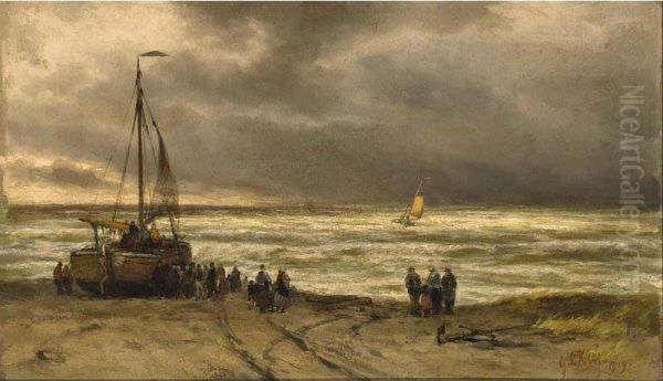 Fisherfolk By A Beached Bomschuit Oil Painting by George Laurens Kiers