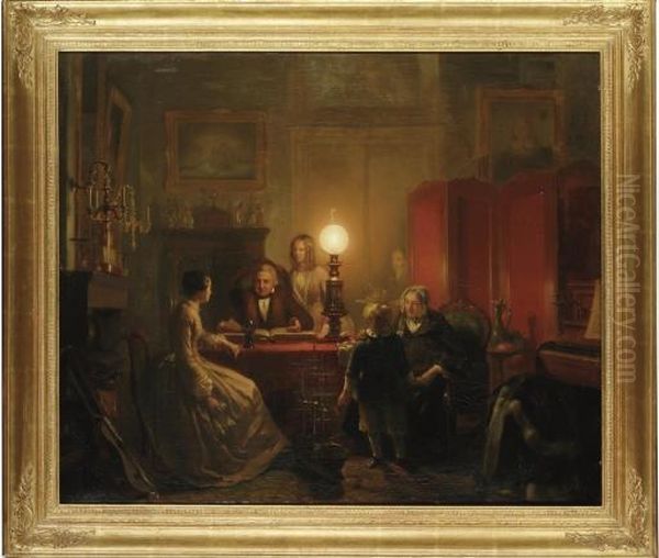 A Family Gathered Around A Lamplit Table Oil Painting by Petrus Kiers