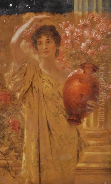 Woman Carrying A Vase Of Flowers Oil Painting by Conrad Kiesel