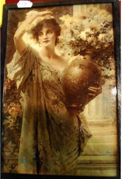 Print On Glass Of A Woman Carryingan Urn In The Classical Style Oil Painting by Conrad Kiesel