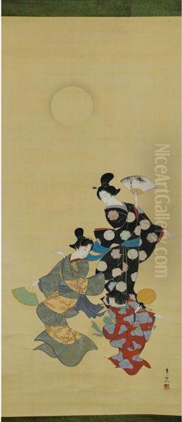 Three Dancers Under Themoon Oil Painting by Suzuki Motonaga Kiitsu