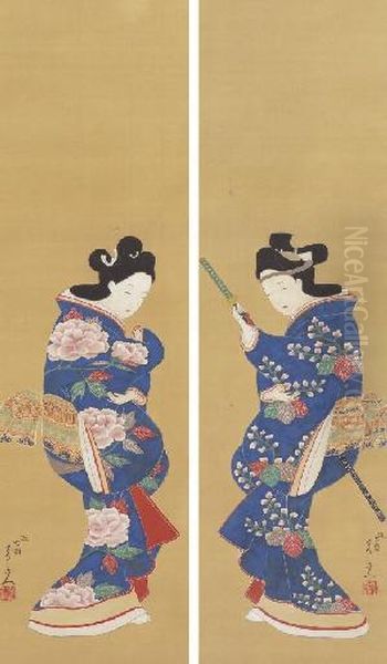 Beauty And Dandy In Kanbun Style Oil Painting by Suzuki Motonaga Kiitsu