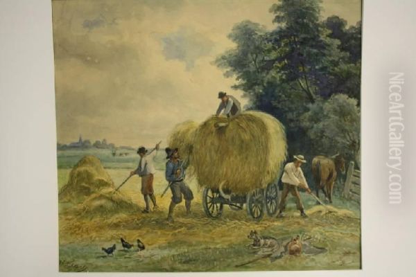 Hooiende Boeren Aan De Rand Van Het Veld Oil Painting by Jan Elias Kikkert