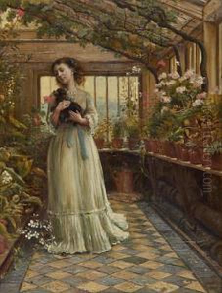 Dora, Laughing Held The Dog Up Childishly To Smell The Flowers Oil Painting by George Goodwin Kilburne