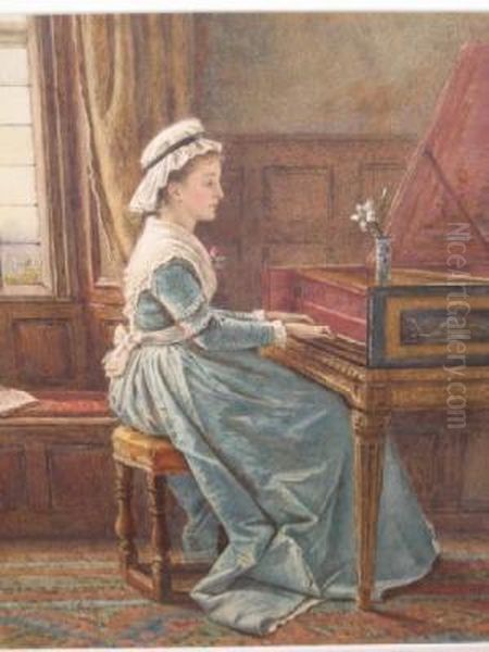 Interior With Young Woman Playing A Harpsichord Oil Painting by George Goodwin Kilburne