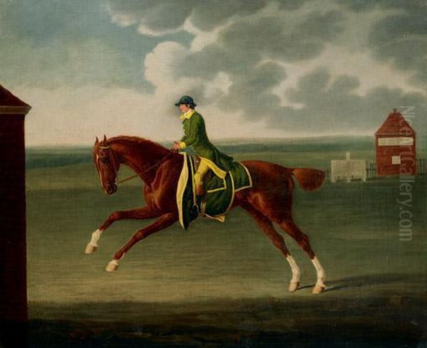 A Chestnut Racehorse With Jockey Up On Newmarket Heath Oil Painting by Benjamin Killingbeck