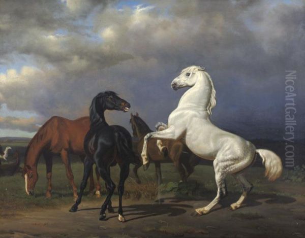 Stallions Oil Painting by Friedrich Anton Kilp