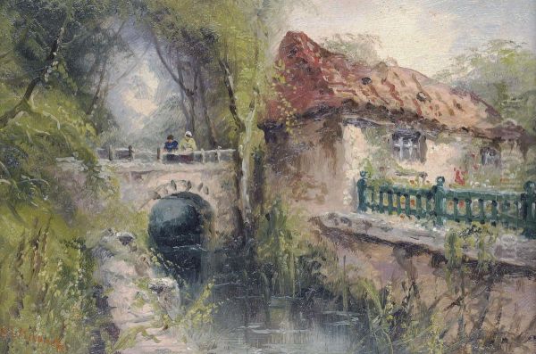 Feeding The Ducks; And Cottage With Figures On A Bridge Over A Stream Oil Painting by S.L. Kilpack