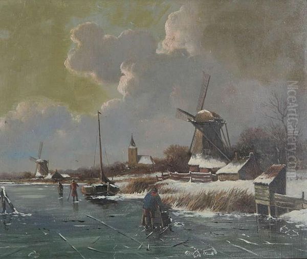 Hollands Bevroren Rivierlandschap Met Figuren Op Het Ijs Nabij Windmolens Oil Painting by Cornelis Kimmel