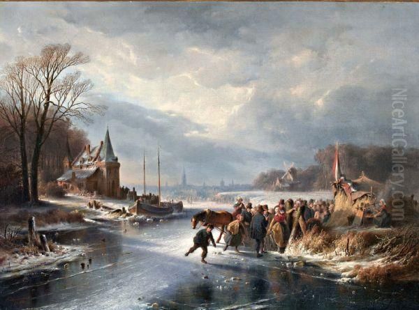 Ijsvermaak Met Op De Voorgrond Vele Figuren Bij Een Koek En Zopie Oil Painting by Cornelis Kimmel