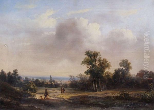 Landschaft Mit Kirchturm, Muhle, Hausern Und Passanten Oil Painting by Cornelis Kimmel