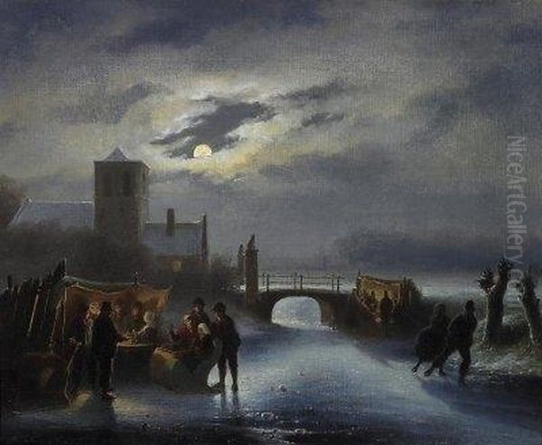 Amused Round In Winterly Moonlit Setting. Signed Lower Left: C. Kimmel Oil Painting by Cornelis Kimmel