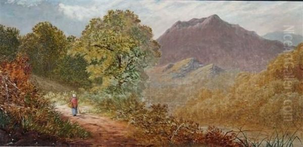 A Lady With Basket On A Country Lane Oil Painting by E. B. Kincaid