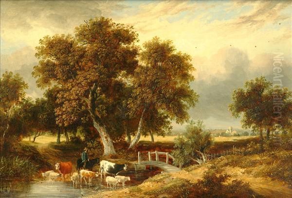 Alderney Cattle And Sheep Watering At Bishop Stoke Oil Painting by Hayter Kinch