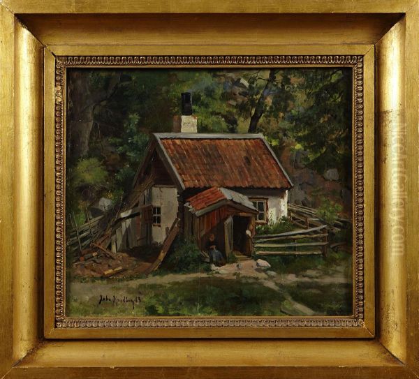 Stugidyll Medkvinna Och Barn Oil Painting by Johan Kindborg