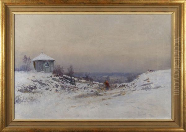 Vinterlandskap I Skymning Oil Painting by Johan Kindborg