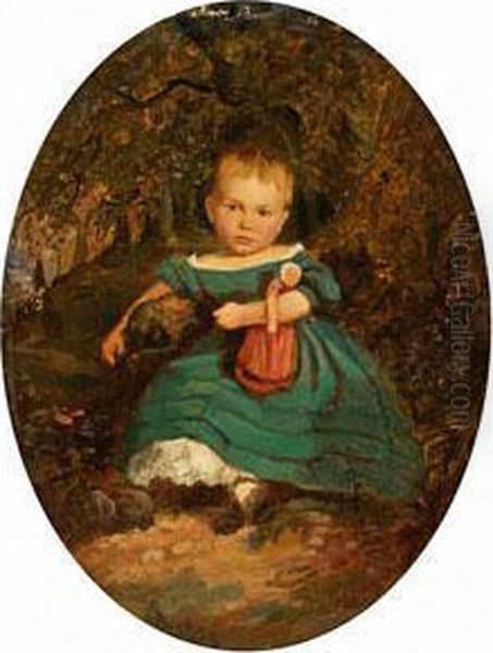 Portrait Einessitzenden Madchens Mit Puppe An Einem Baumstamm Oil Painting by Adolph Kindermann