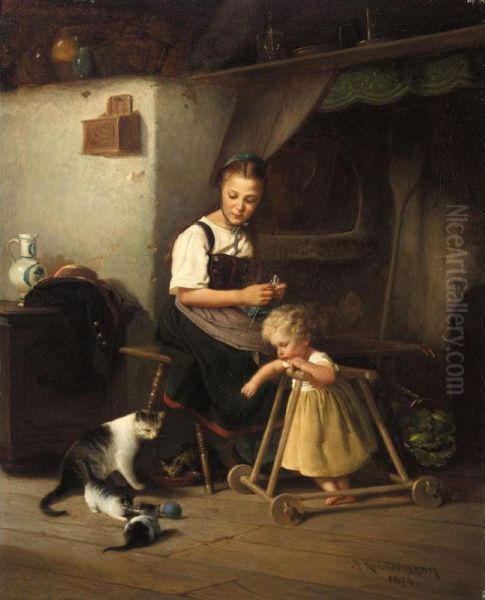 Die Ersten Schritte (first Steps) Oil Painting by Adolph Kindermann