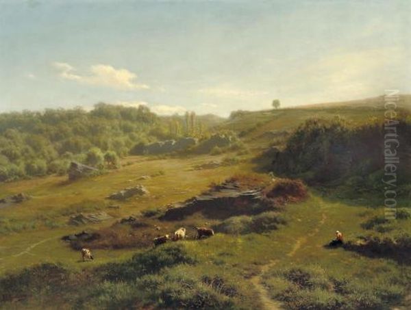 Cattle In An Extensive Summer Landscape Oil Painting by Jean-Baptiste Kindermans