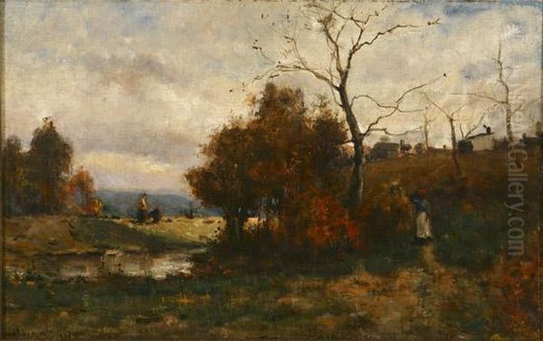 Figures In A Barbizon Landscape Oil Painting by David Kindleberger