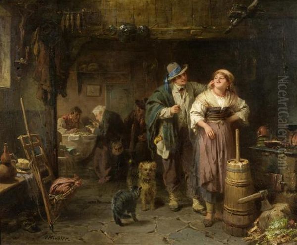 In The Stube. Interior With Four Figures Oil Painting by Albert Kindler