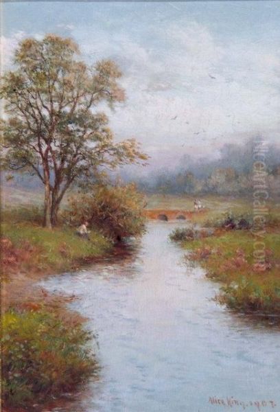 Tranquil River And Footbridge In Summer Oil Painting by Alice King