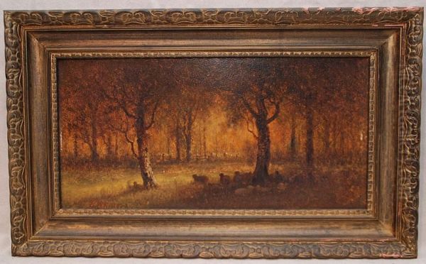 Sheep In Illuminated Forest Oil Painting by George W. King