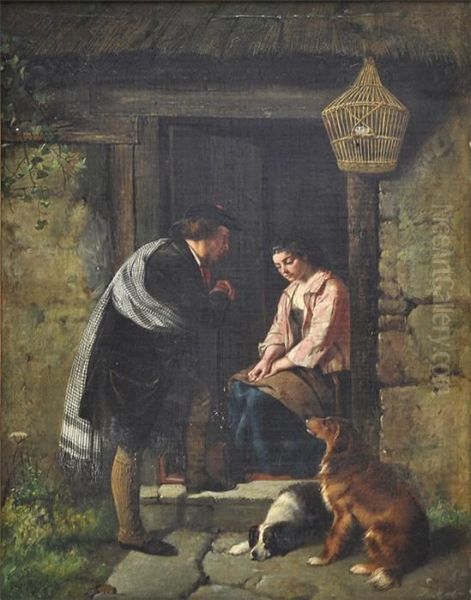 Jager Undmadchen, Mit Ihren Beiden Hunden Am Eingang Einesbauerngehofts Oil Painting by Haynes King