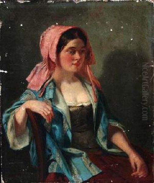 A Young Woman Wearing A Red Bonnet Seated In A Chair Oil Painting by Haynes King