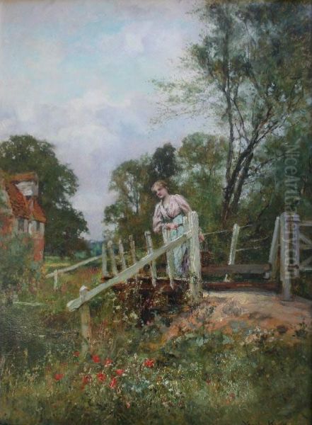 Lady On A Country Bridge Oil Painting by Henry John Yeend King