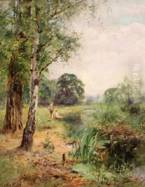 A View Of A Quiet Stream With Boys Fishing Oil Painting by Henry John Yeend King