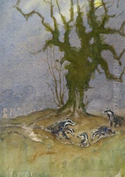 Badgers By Moonlight Oil Painting by John King