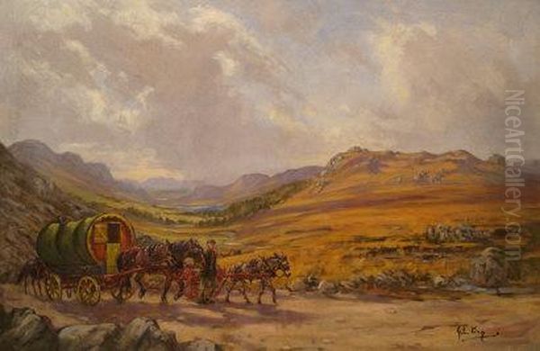 Gypsies With Horses And Caravans Walking A Highlands Road Oil Painting by John King