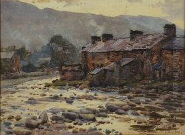 'beddgelert, North Wales', Riverside Cottages At Dusk Oil Painting by John W. King