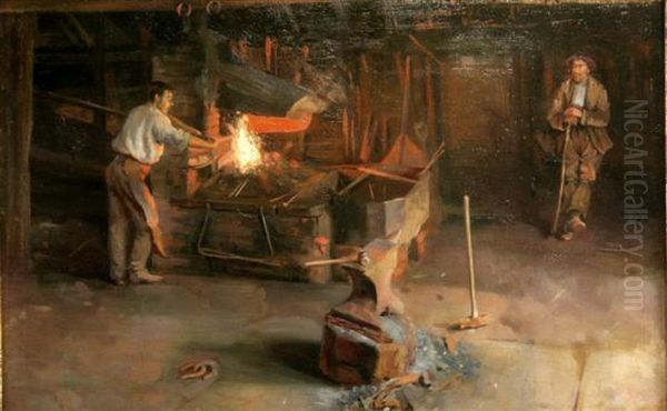 Blacksmiths Forge Oil Painting by John W. King