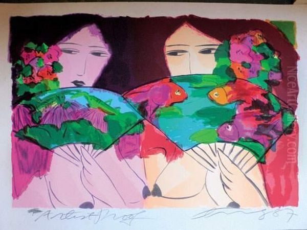 Femmes Avec Eventails, 1987 Oil Painting by Wallace King